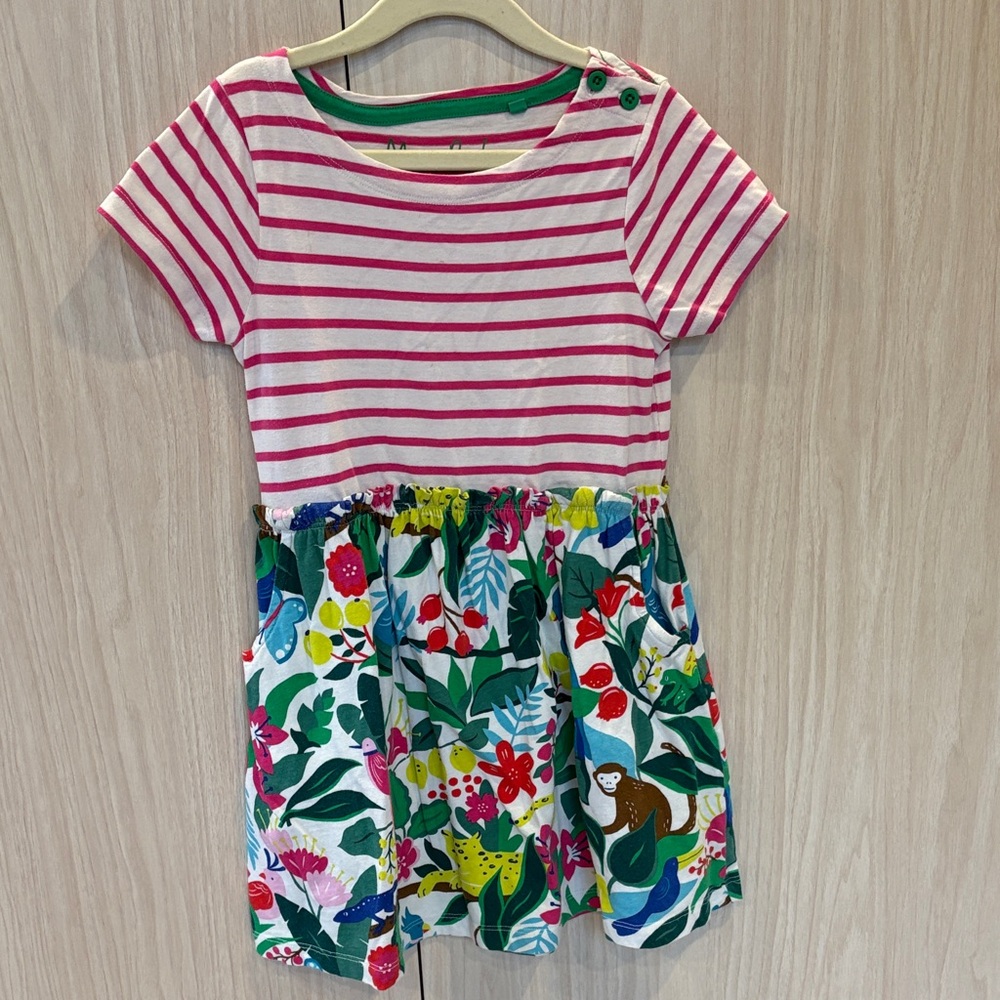 Mini Boden Pink & White Striped Top with Multicolor Tropical Skirt Dress